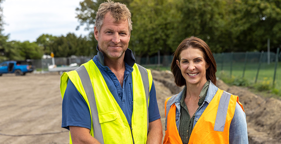 Gary and Penny Robinson of Robinson Subsurface Drip Irrigation at Linwood Park in Christchurch where their underground irrigation system is being installed.