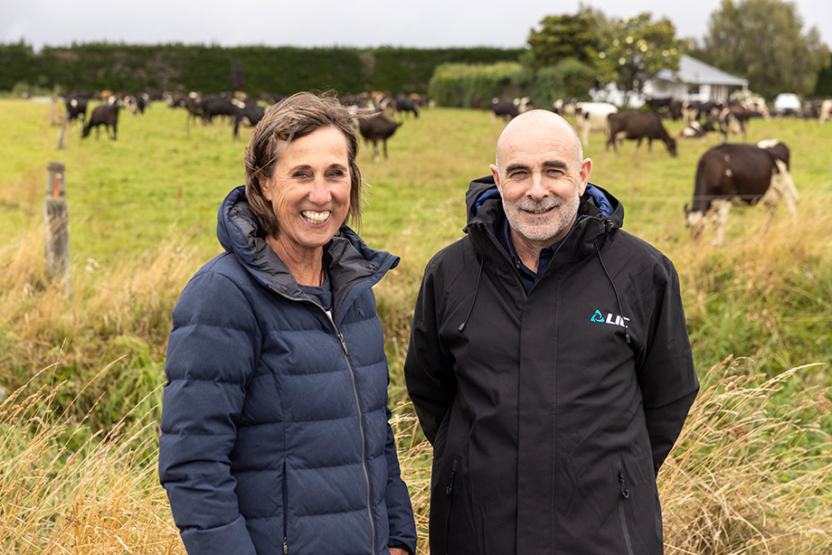 Fernside dairy farmer Julie Bradshaw and North Canterbury Agri-Manager Paul Bau.
